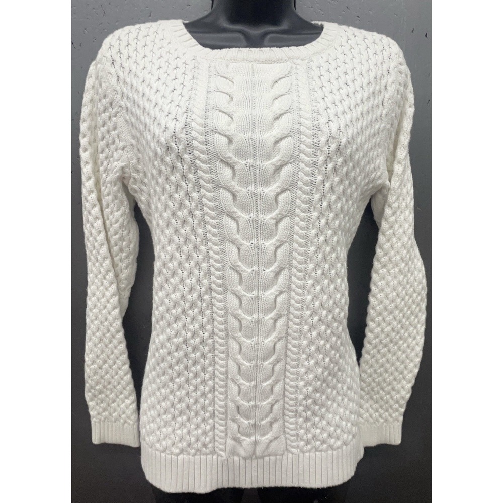 Lands End Drifter Sweater Women M White Cotton Cable Knit Coastal Prep Classicโ